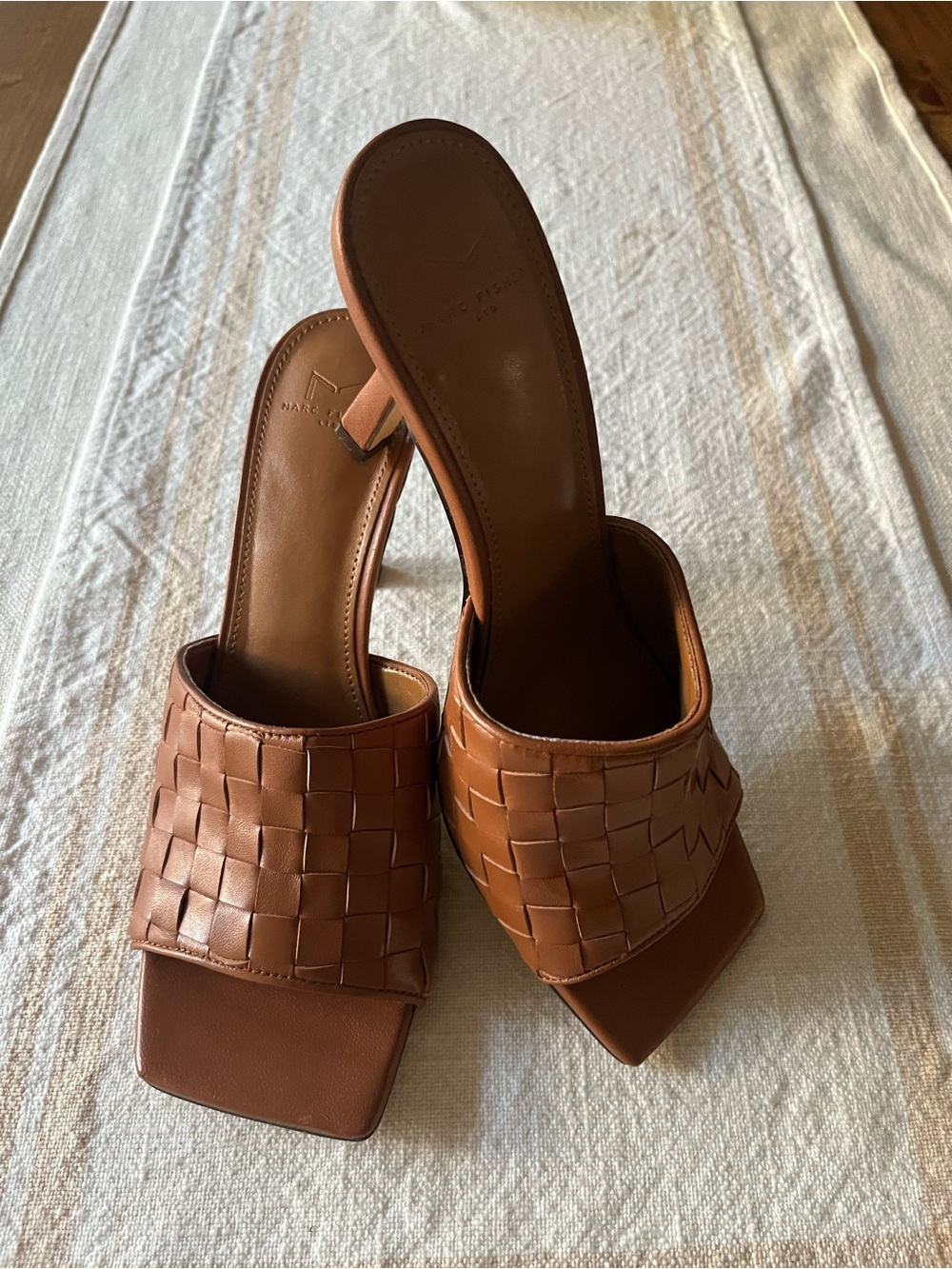 Marc Fisher Mildara Tan Woven Leather Slide Heels